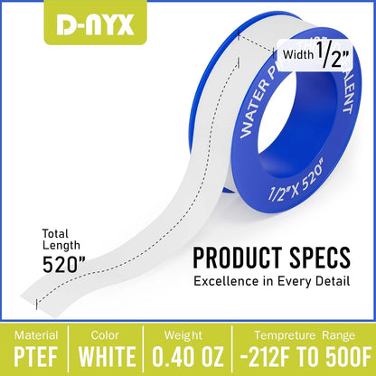 D-NYX Teflon Tape 4 Rolls 1/2 Inch(W) X 520 Inches(L) Teflon Duct Sealant Tape for Shower Head, Plumbing Thread Tapes, Water Pipe Sealing Plumbers PTFE Thread Seal, Pipe Dope Plumbers Accessories