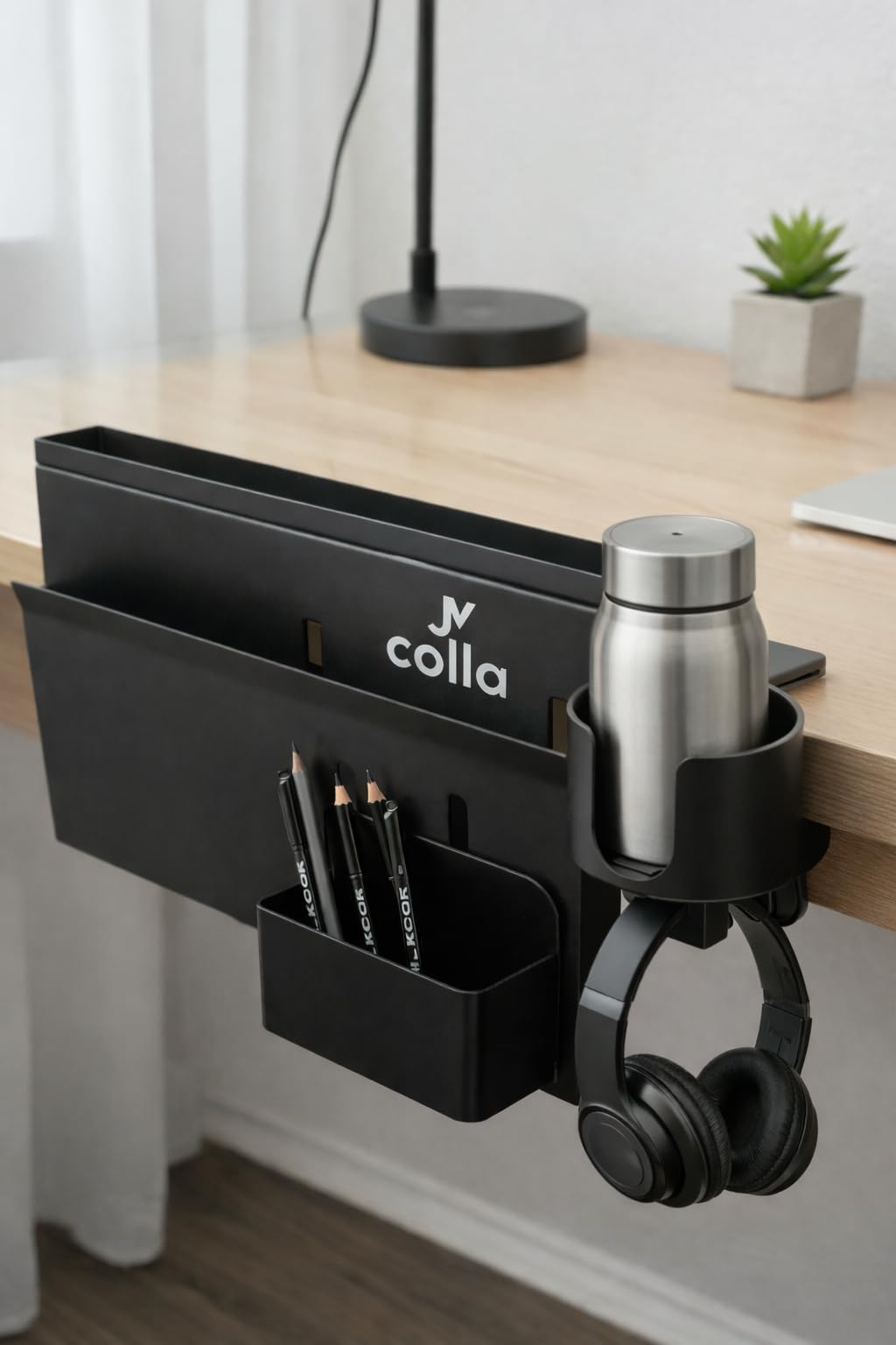 JVCOLLA Desk Side Storage Organizer Clamp On – Side Desk Organizer Kit with Cup Holder, Magnetic Cable Organizer & Accessory Magnet, Hanging Desk Organizer for Home Office & Standing Desk