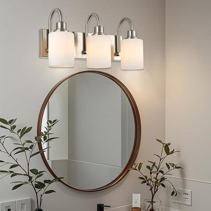 VINLUZ 3-Light Indoor Modern Bathroom Vanity Lighting Fixtures,Brushed Nickel Finish Metal Wall Light Over Mirror with Opal White Glass Shade for Hallway Makeup Table
