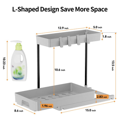 Delamu 2 Pack Under Sink Organizers and Storage, 2 Tier Pull Out Bathroom Cabinet Organizer, L-Shape Black Under Bathroom Kitchen Sink Organizer with Drawer for Under Sink Storage Organizer