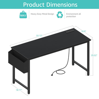 Lufeiya Gaming Desk with Power Outlet, 55 inch Teen Study Table Home Office Work Writing Computer Desks with Charging Station Outlets Built in, Black