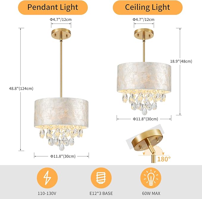 3-Lights Drum Capiz Shell Crystal Chandelier, Coastal Style Pendant Light Fixture for Dining Room, Living Room, D12 x H19~49"(Adjustable), Shell Lampshade & Gold Finish