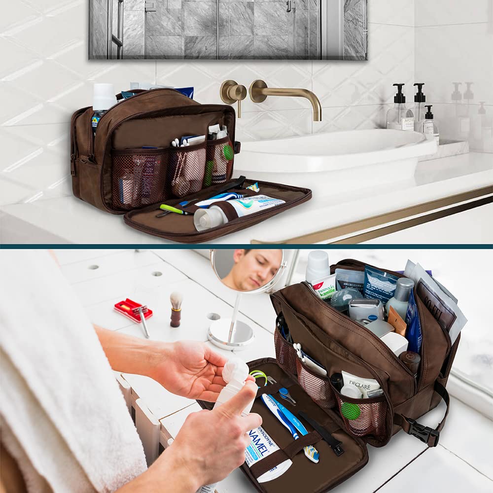 PAVILIA Toiletry Bag for Men, Travel Toiletries Bag | Water-resistant Dopp Kit, PU Leather Shaving Pouch Organizer for Accessories, Cosmetic, Hygiene, Grooming Essentials (Dark Brown)