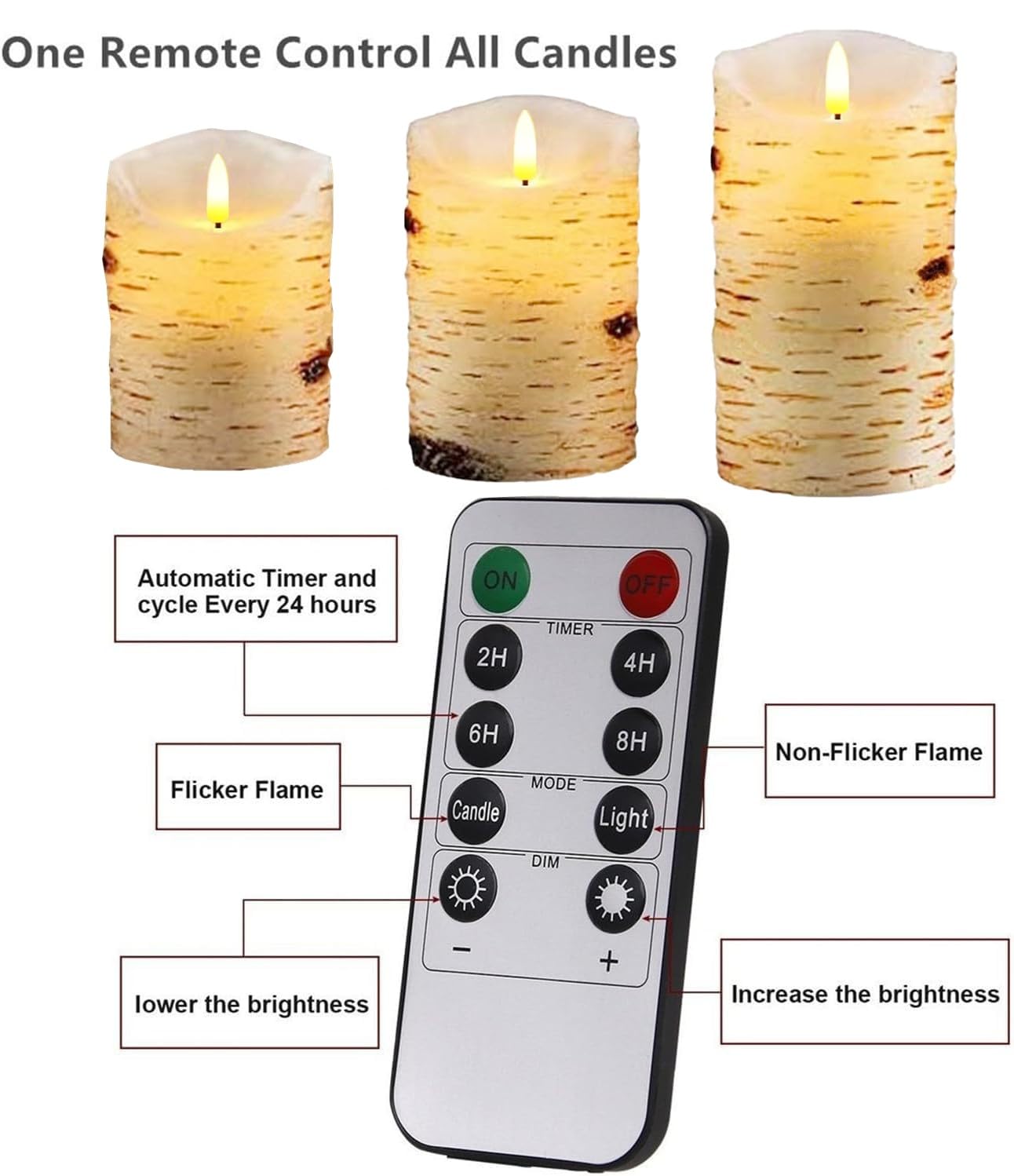 3 Pack Birch Bark Flameless Candle Set, 4" 5" 6" Flickering Battery Operated Candles with Remote Control, Electric Candle with Timer, Dancing Flames Real Wax LED Pillar Candles for Home Decor Party