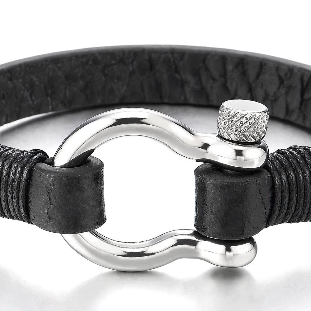 COOLSTEELANDBEYOND Nautical Anchor Black Leather Bracelet for Men and Women, Stainless Steel Screw Shackle, Leather Wrap Wristband, Sailing, Maritime, Ocean-Inspired Jewelry