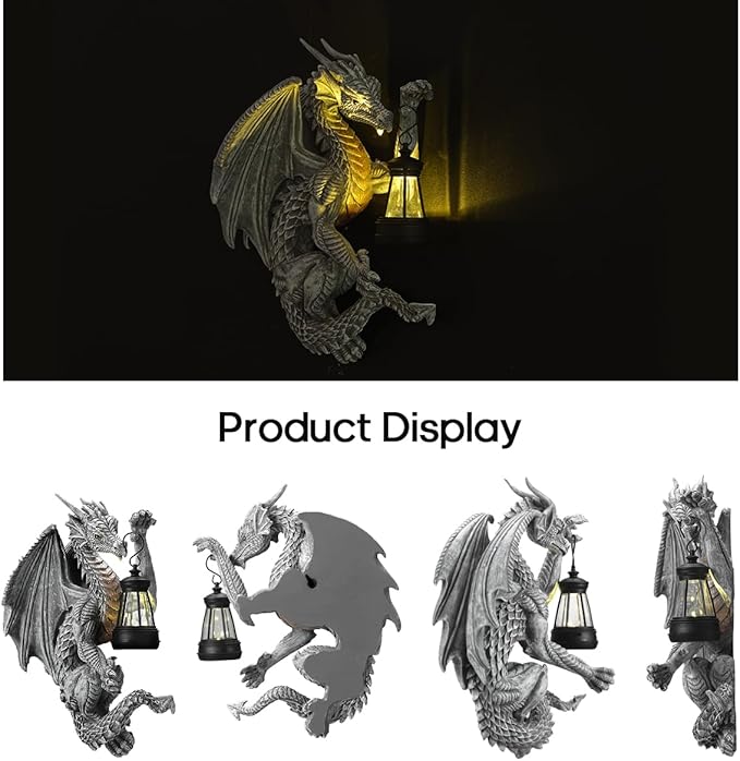 Dragon Outdoor Porch Decor Hugger with Solar Lantern Gothic, Dragon Statue Garden Lights, Gifts for Mom, Housewarming Gifts for Women, Ideal Dragon Garden Decor-Pair