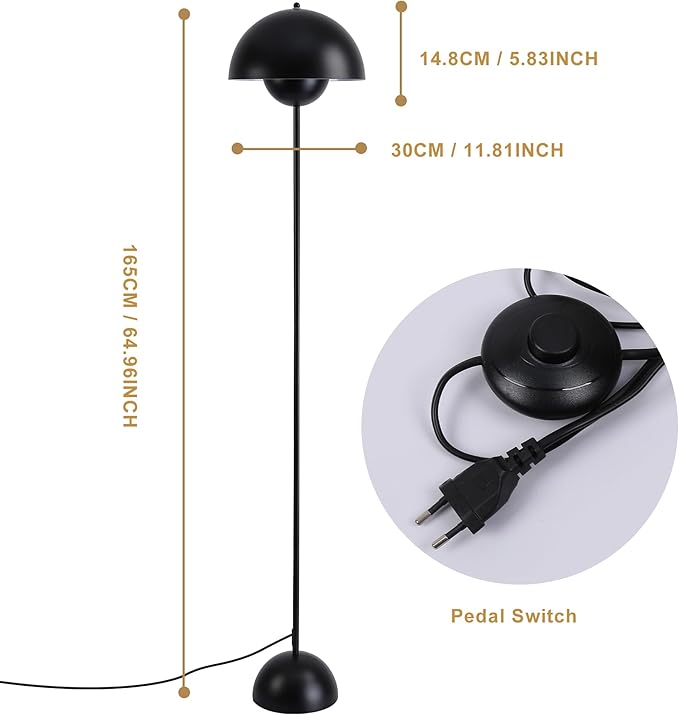 SUNLLOK Black LED Floor Lamp for Living Room, Industrial Metal Dome Lampshade Standing Floor Table Lamp with Foot Switch, Modern Reading Floor Light Fixture for Kitchen Island, Bedroom, Restaurant