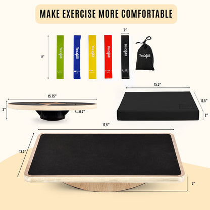Yes4All Combo 4-in-1 Set for Full Body Workout, Wooden Wobble Balance Board with Rocker Balance Board, Balance Pad & Exercise Bands