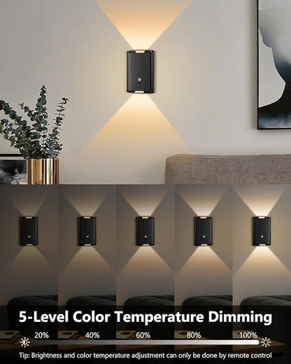 2 Pack Rechargeable Motion Sensor Wall Sconce – 5000mAh Wireless Battery Operated Wall Light, 3 Colors Up/Down Lighting Night Light with Remote Control for Indoor Stairs, Bedroom, Hallway (Black)