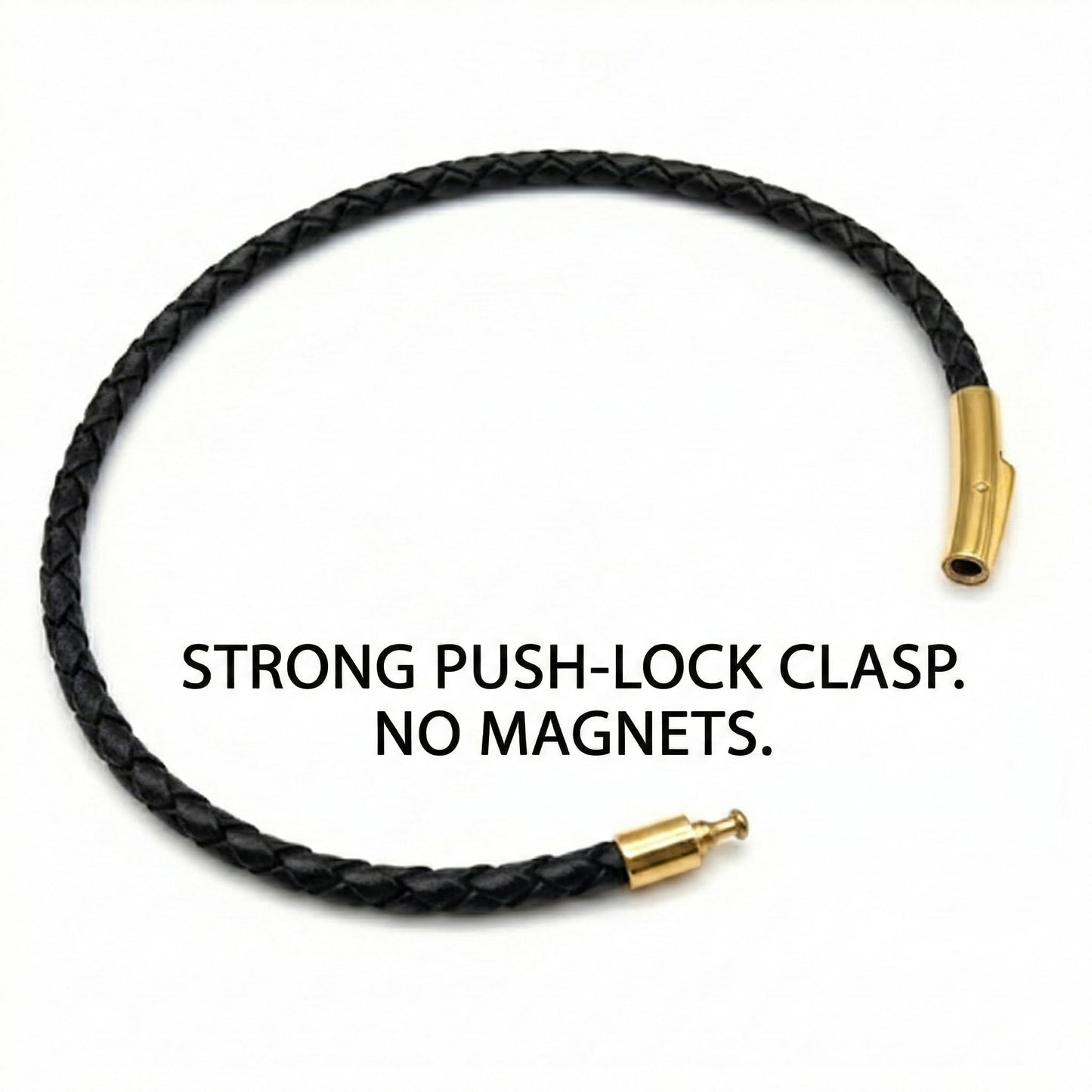 Leporem Premium Black Braided Leather Bracelet 18K Gold Plated Minimalist Everyday Jewelry Secure Push Lock Clasp Luxury Gift Box (Black, 7.5 Inch)