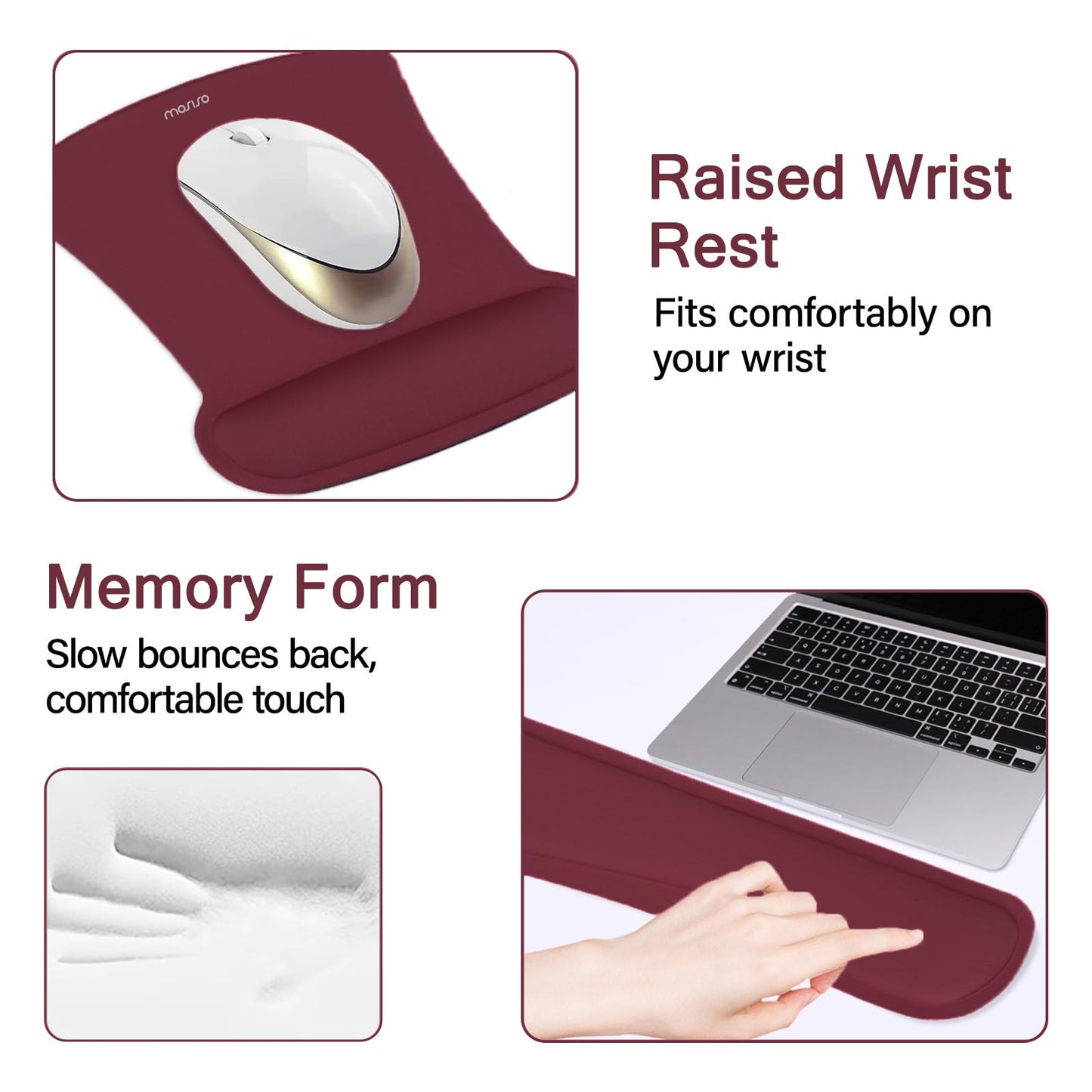 MOSISO Keyboard Mouse Pad Set, Large Gaming Mousepad&Keyboard Wrist Rest&Mouse Wrist Rest&Coaster, Ergonomic Non-Slip Mousepad&Easy Typing Cushion with Memory Foam for Home Office, Wine Red