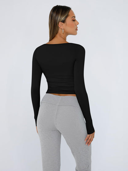 Trendy Queen Womens Long Sleeve Shirts Crop Tops Fall Fashion 2025 Square Neck Going Out Basics Tees Y2k Clothes Black M
