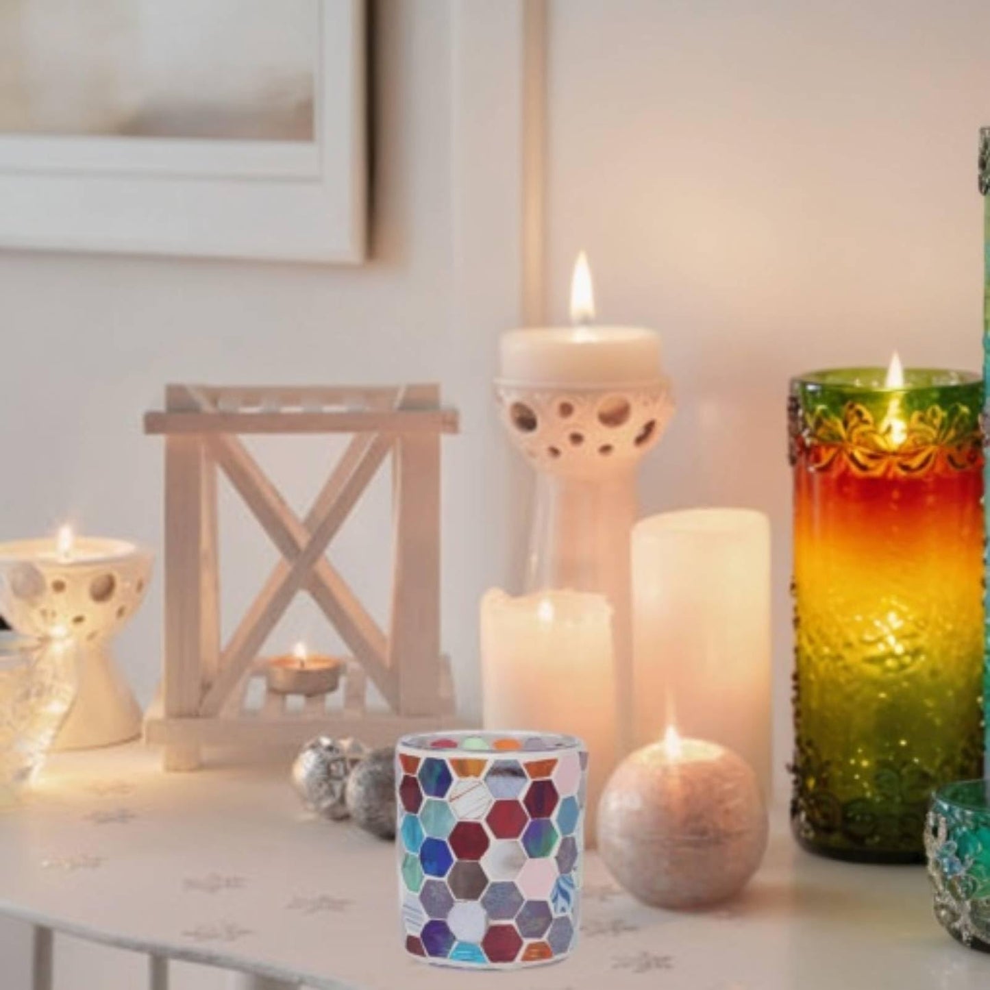 Glass Mosaic Candle Holder, Stained Glass Candle Holder Tealight Holders Decorative Mosaic Votive Candle Holder Handcrafted Glass Tea Light Holder for Table Centerpieces, Birthday Party, Home Decor