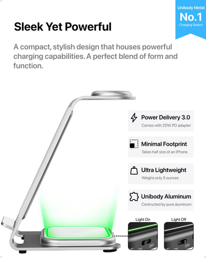 Intoval 3 in 1 Wireless Charging Station for iPhone 17 16 15 14 13 12 11 X Pro Max, Wireless Charger for Apple Watch Ultra 3 SE 9 8 7 6 5 4 3 2, for AirPods 4 Pro Pro 2 3 (Y93, Grey)