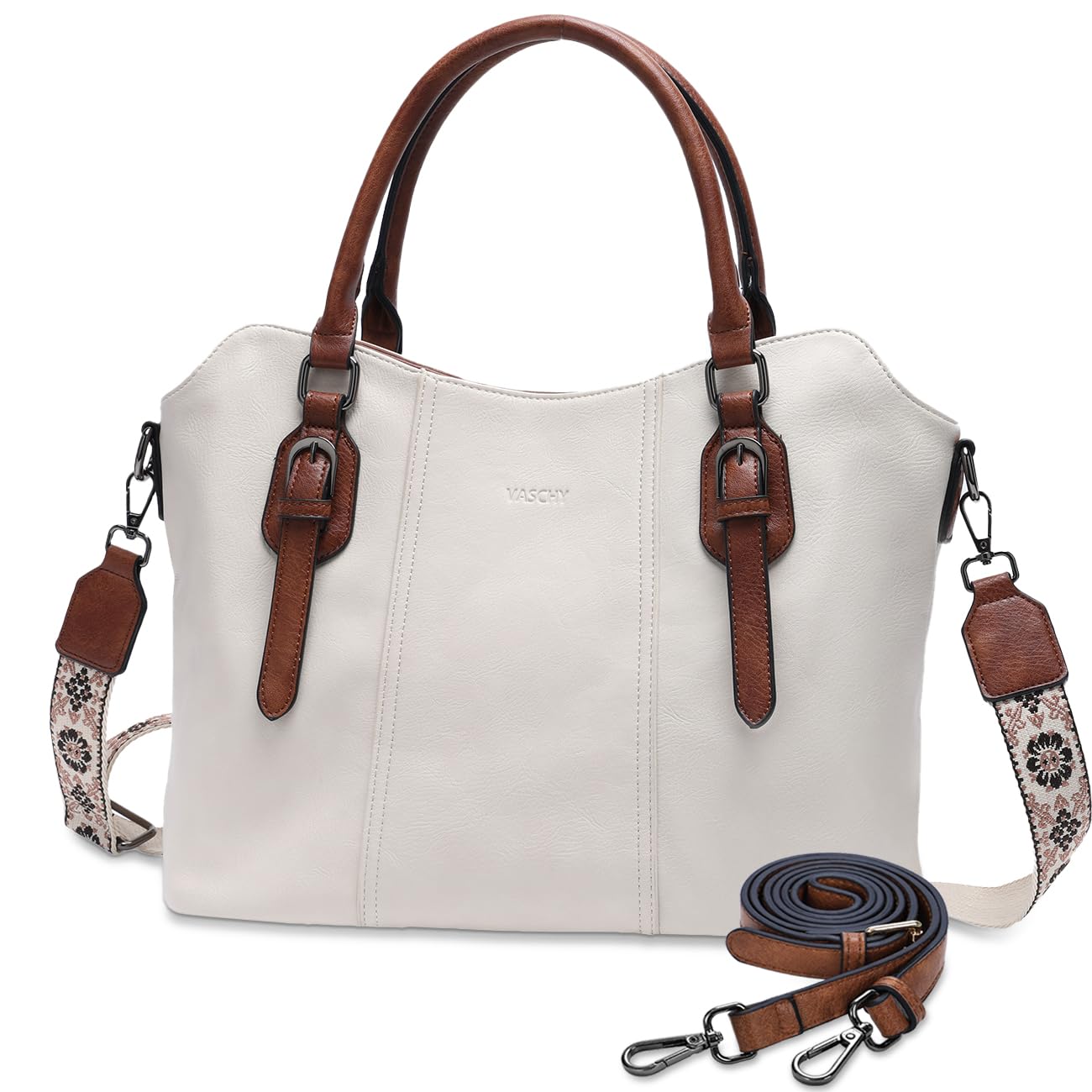 VASCHY Hobo Bags for Women, Vegan Leather Top Handle Satchel Shoulder Purse Handbag Purse with Crossbody Guitar Strap Beige
