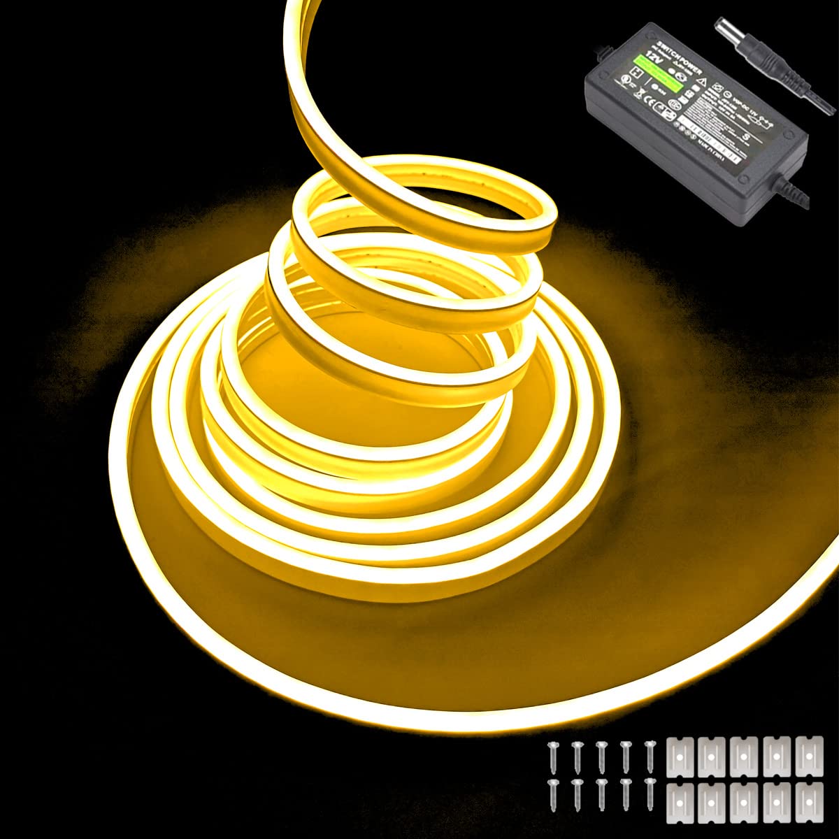 Maxlaxer Yellow Neon LED Strip Lights, 16.4ft 12V Waterproof Flexible Light for Indoor/Outdoor Decoration (Includes Power Adapter)