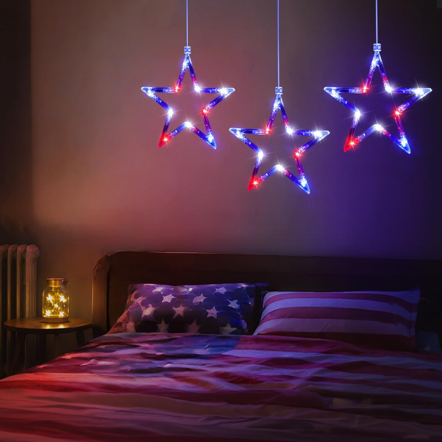 LYUBASA 3 Pack 4th of July Lights Decorations, Battery Operated, Red White and Blue, Indoor Window Star String Lights, Patriotic Decor