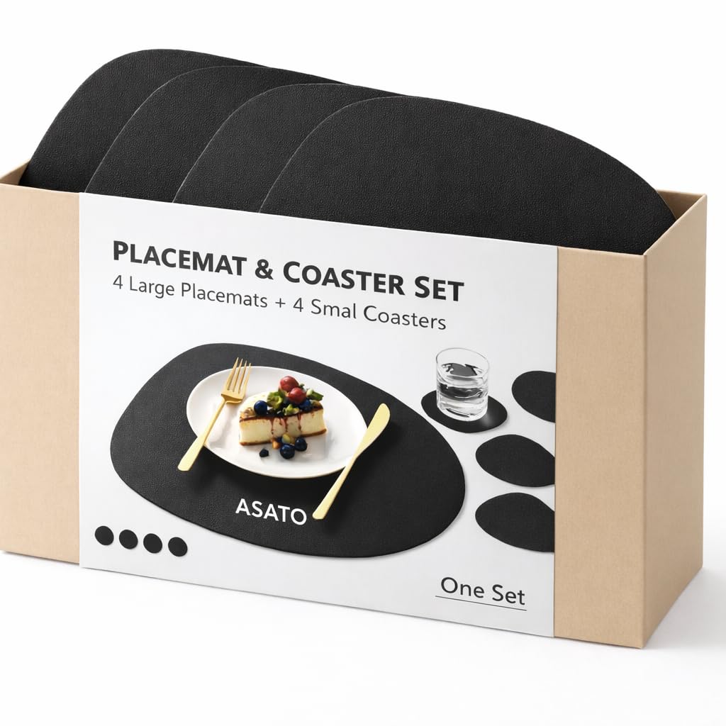 ASATO Premium Quality Leather Placemat and Coaster Set, Red, Oval Shape, 4 Large Placemats and 4 Small Coasters (Black&Brown)