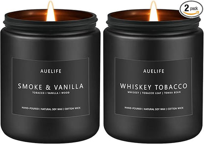2 Pack Candle | Smoke & Vanilla + Whiskey Tobacco - Candles for Men - Masculine Candle, Soy Candles for Home Scented - Gifts for Men, Home Fragrance Manly Gifts - Each of 7oz