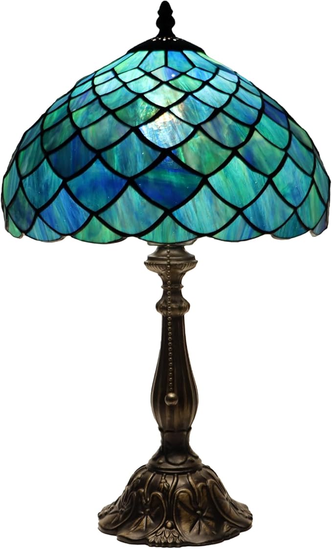 Tiffany Lamp Stained Glass Table Lamp Bedside Reading Light W12H19 Inches (Fishscale Style)