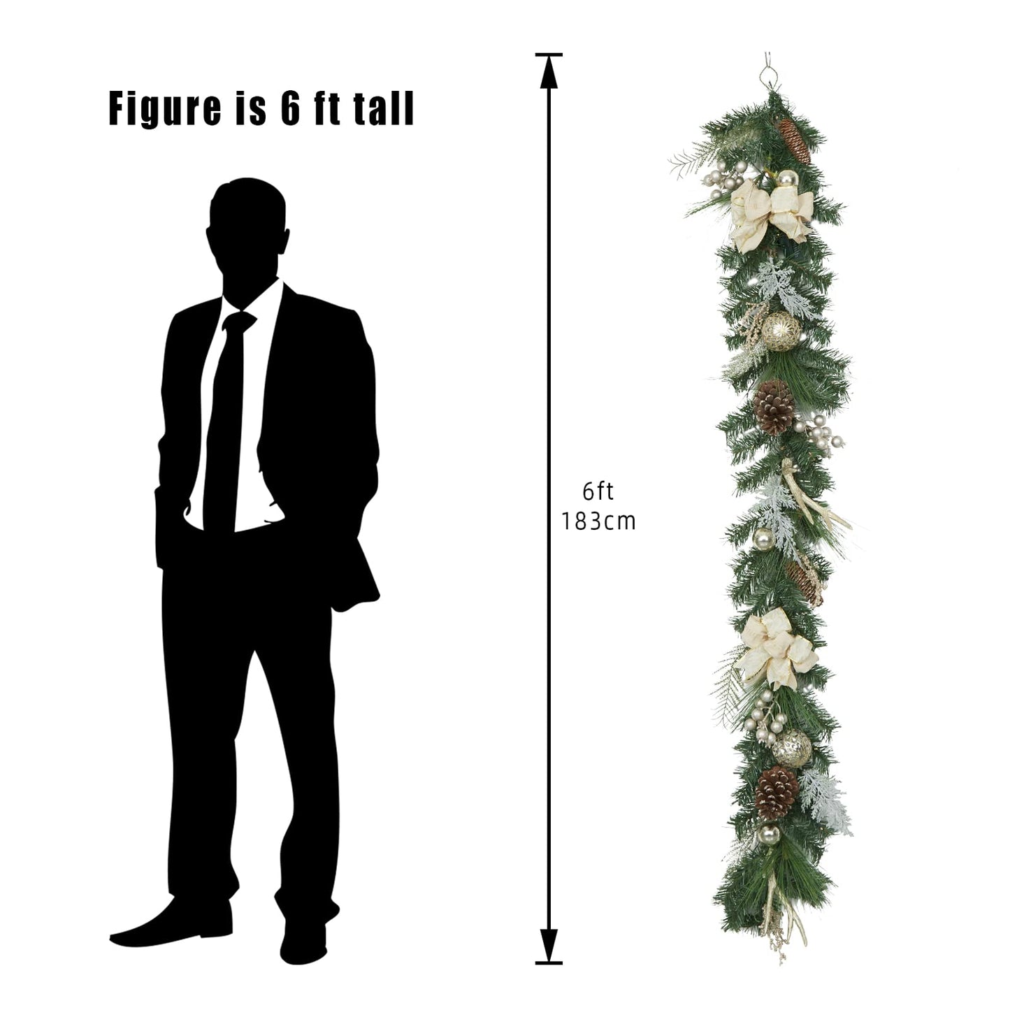LinTimes Christmas Garland with 20 Led Lights, 6 Ft Pre-Lit Gold Xmas Garland with Faux Antlers Bow-Knot Ball Ornaments, Battery Operated Garland with Timer for Mantle Staircase Table Decoration