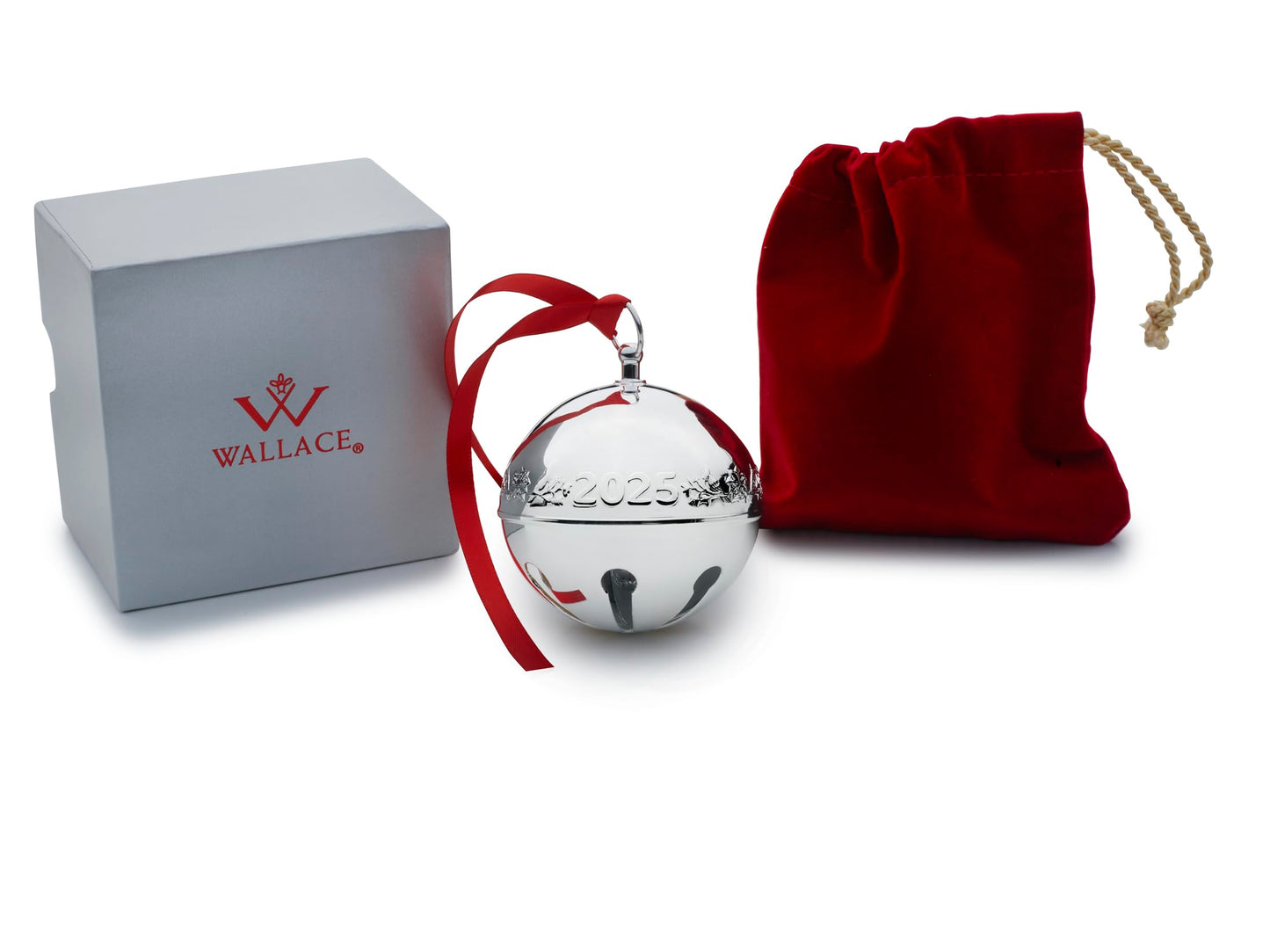 Wallace 2025 Silver-Plated Sleigh Bell Ornament 55th Edition - Cardinals and Poinsettias Holiday Collectible - Handcrafted Annual Christmas Bell with Gift Box
