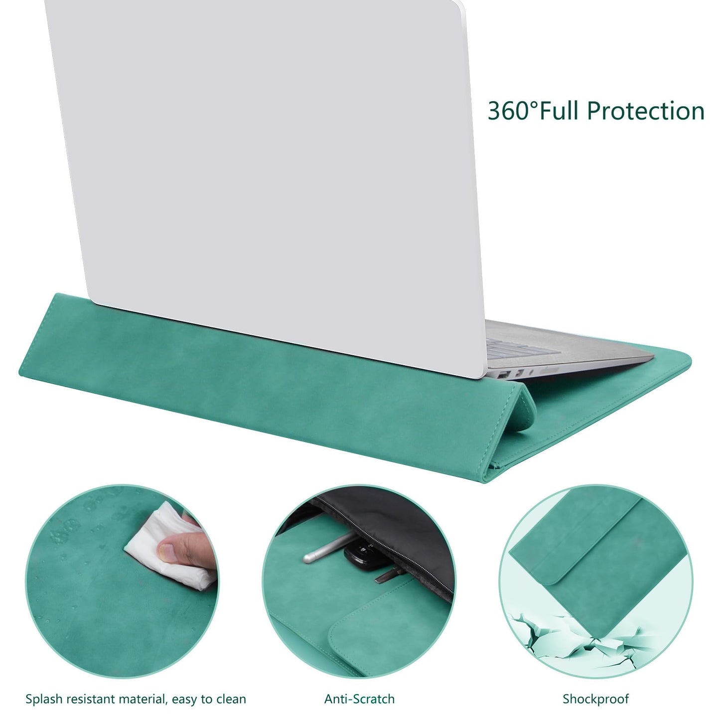 Megoo 14" Slim Laptop Sleeve Case with Stand for Samsung Galaxy Book 13.3", MacBook Air 13.3"/13.6"/Pro 14.2", Microsoft Surface Laptop 13.5", Leather Case for 13" 14" Tablet Chromebook Notebook(Cyan)