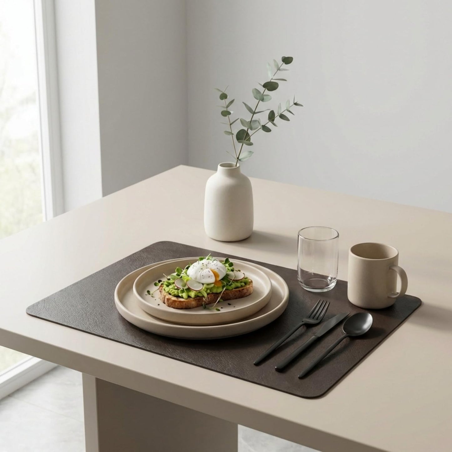 Premium Faux Leather Placemats Set of 6 – Waterproof, Heat-Resistant, Reversible & Non-Slip Table Mats for Kitchen, Dining, Indoor/Outdoor Use (Black & Dark Brown)