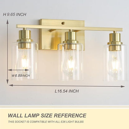 3-Lights Modern Wall Sconces Gold Bathroom Vanity Light Fixtures,Brushed Brass Wall Lights with Clear Glass Shades, Farmhouse Wall Lighting for Hallway,Living Room,Bedroom