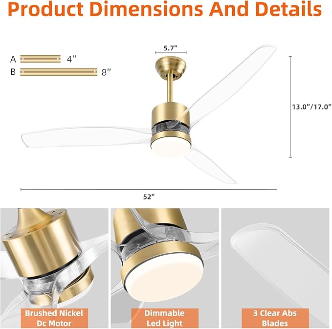 OKELI 52" Smart Ceiling Fan with Light, WiFi Enabled for Alexa & App Control, Reversible Gold Modern Ceiling Fan with Dimmable LED Light and Remote, Clear Blades for Living Room Bedroom