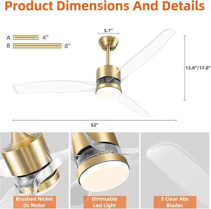 OKELI 52" Smart Ceiling Fan with Light, WiFi Enabled for Alexa & App Control, Reversible Gold Modern Ceiling Fan with Dimmable LED Light and Remote, Clear Blades for Living Room Bedroom