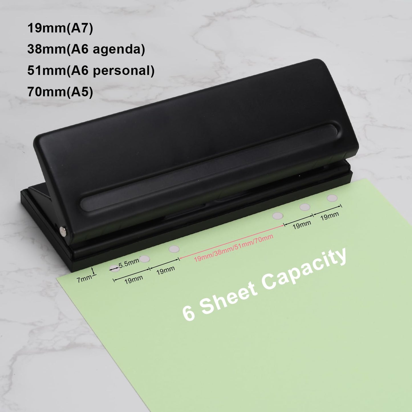 Adjustable 6-Hole Punch - Metal Hole Puncher for A4/A5/A6, Personal & Pocket Planners - 6-Ring Binder Puncher 6-Sheet Capacity, Non-Slip Base, with Ruler & Hole Guide (Black)