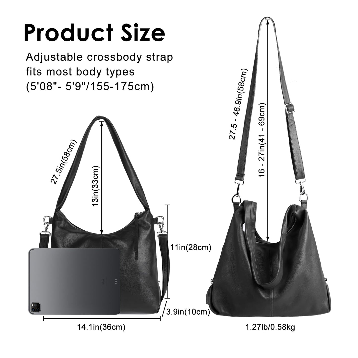 MFFOR Genuine Leather Hobo Bags for Women,Large Tote Bag, Slouchy Shoulder Handbags,Crossbody Purse with Removable Strap (Black)