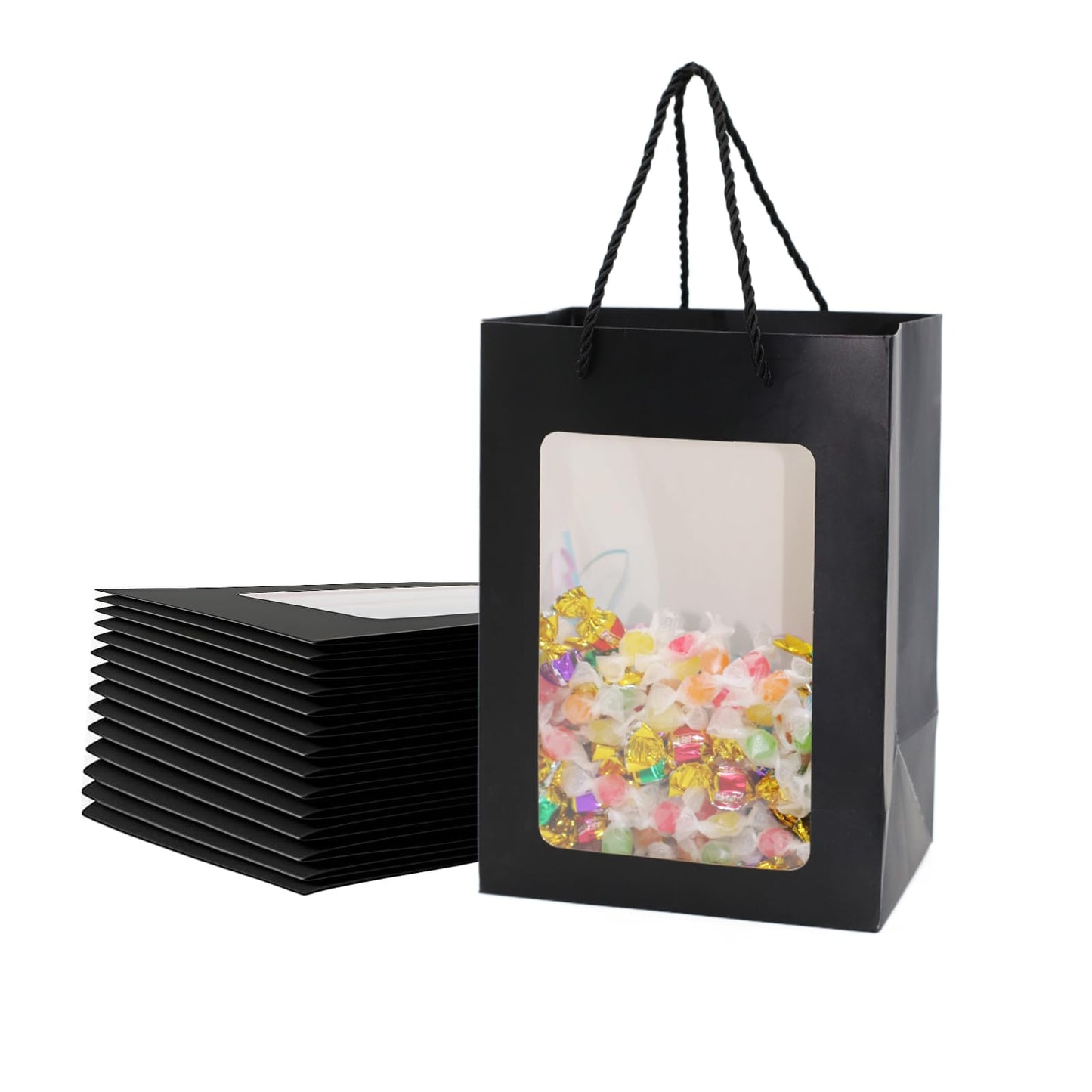 FUGOCOOG 12 Pcs Gift Kraft Paper Bags with Transparent Clear Window 9.8"x7"x5" Party Favor Bags with Handles for Shopping Business Christmas Birthdays Festivals Party Weddings Baby Shower (Black)