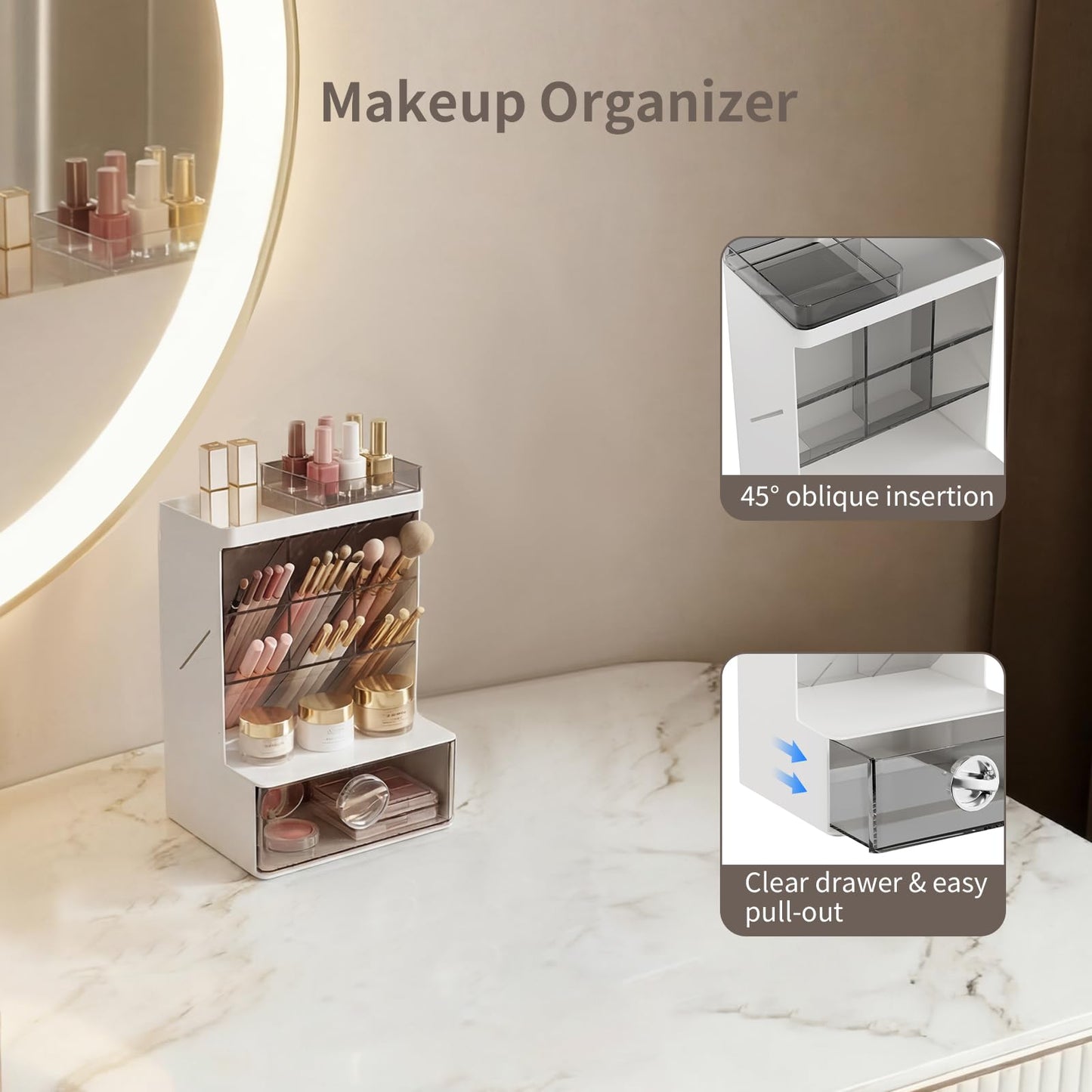 Veystor Pen Organizer with Drawer, 6 Compartments Desk Pencil Holder for Stationery & Craft, Multi-Purpose Art Supply Organizers for Office Desktop, Vanity, Bathroom, Pantry & Home Storage