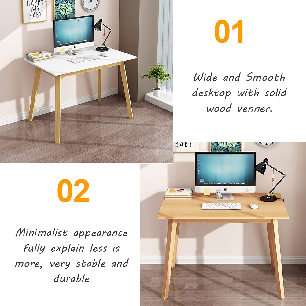 IOTXY Simple Wooden Writing Desk - Modern Minimalist Style PC Laptop Computer Workbench with Solid Wood Legs, 39" W Home Office Work Table for TV Stand Music Video Live Broadcast Workstation, White