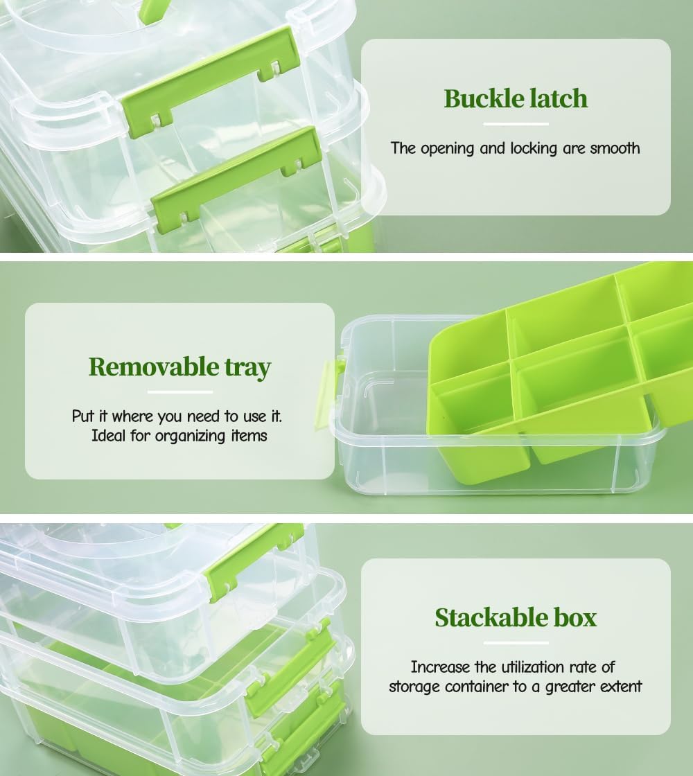 Eppingwin 3 Layers Craft Storage Box, Storage Bins with Lids, Plastic Storage Container Box with Removable Bin, Organizer for Tools, Beads, Sewing (Green)