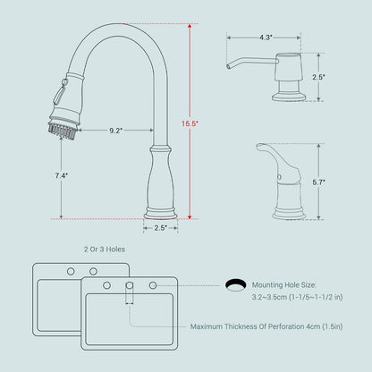 APPASO 3 Hole Kitchen Faucet with Pull Down Sprayer, Kitchen Faucets with Soap Dispenser, 3 Pieces Kitchen Sink Faucet with Separate Handle, Matte Black Kitchen Faucet 3 Hole, 218MB