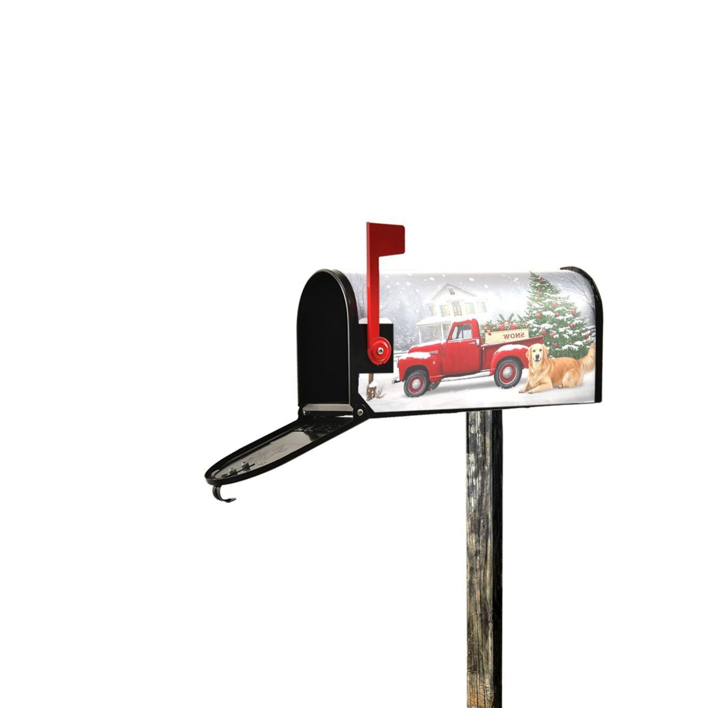 Christmas Tree Red Truck Magnetic Mailbox Covers Winter Snow Golden Retriever Dog Mailbox Cover Standard Size Full Magnet Garden Yard Porch Mail Boxes Cover Holiday Decorations 21" L x 18" W