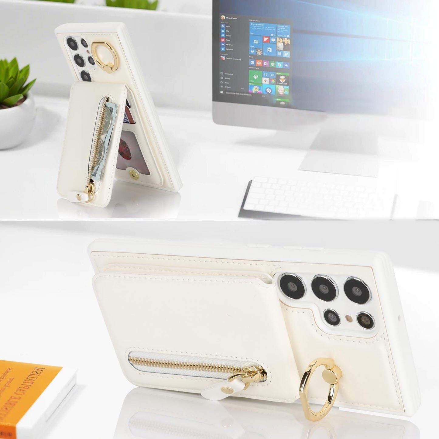 DEYHU for Samsung Galaxy S22 Ultra Phone case with Card Holder with Compatible magsafe Magnetic, Key Chain PU Leather Flip Kickstand Detachable 2-in-1 Wallet case Women Men-White