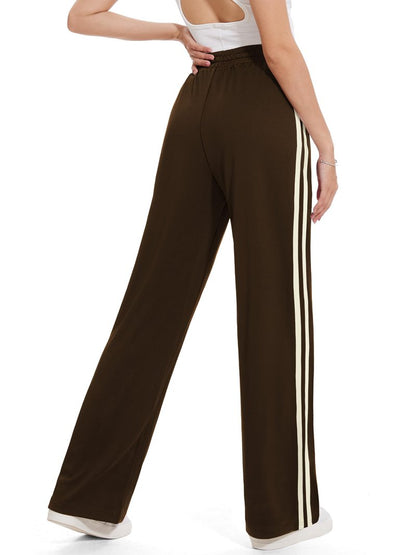 Tapata Long Womens 32" Inseam Track Pants Relaxed Fit Striped Workout Sweatpants Baggy Trousers with Zipper Pockets, Brown, L