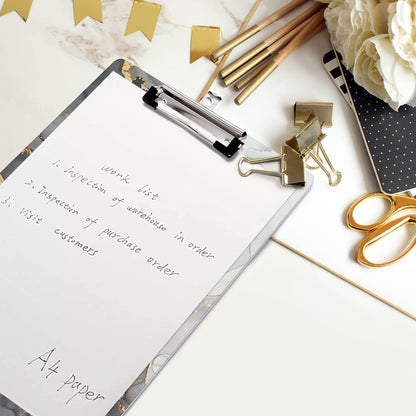 WAVEYU Marble Hardboard Office Clipboard, Clipboard with Low Profile Clip Designed for Students Classroom School and Office Use, Grey+Gold (12.5"x9")