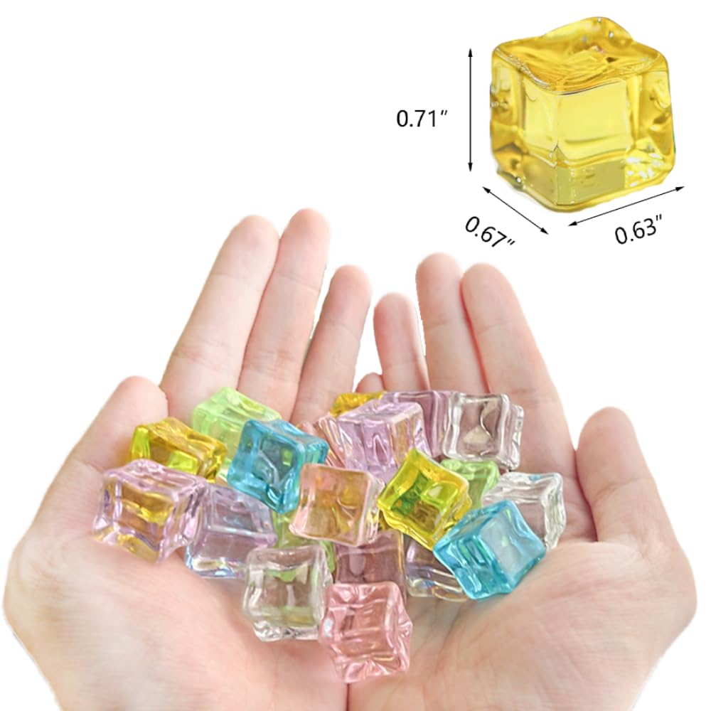 HappyFiller 76 PCS 0.7 Inch Multi Colors Fake Crystal School Counting Plastic Ice Cubes Acrylic Artificial Square Rocks for Photography Props,Food Display,Vase Filler,Table Scatters,Arts Crafts