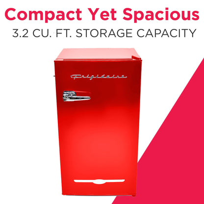 Frigidaire Retro Compact Fridge with Chiller, 3.2 cu ft Countertop Fridge with Built-In Bottle Opener, Compact Refrigerator for Office, Bedroom, Dorm Room or Cabin - 16.5" D x 19" W x 31" H (Red)