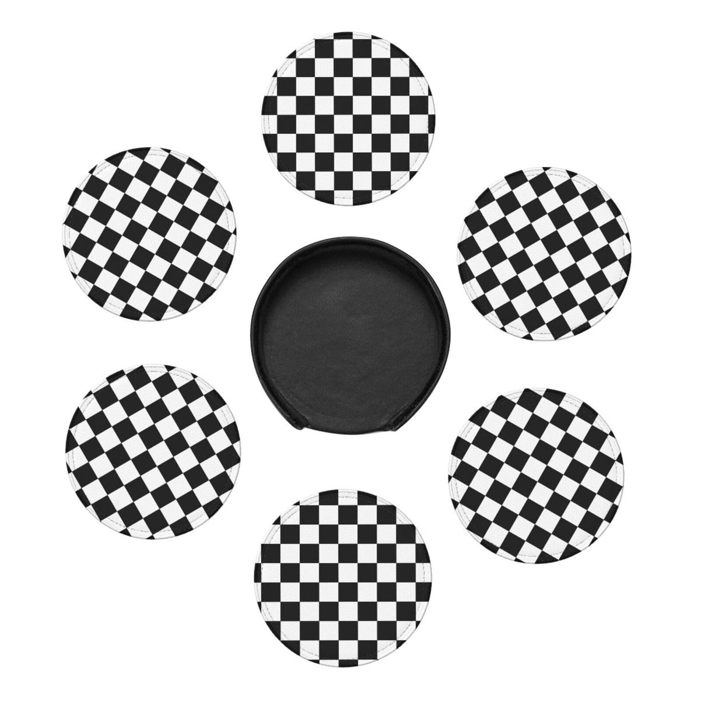 Black Checkered Leather Coasters Set of 6 with Holders for Drinks Cups, White Plaid 3.9" Round Coasters 6 Pcs for Coffee Bar Table Decor