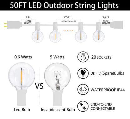 GOOTHY 50Ft LED Outdoor String Lights with 22 G40 LED Shatterproof Globe Bulbs(2 Spare), Connectable Hanging Outdoor Patio Lights for Backyard Garden Porch Party Decorations, White