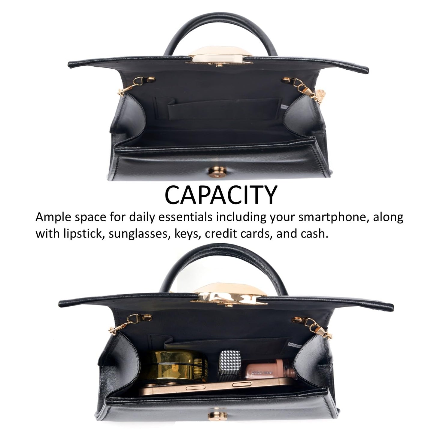 Women's Evening Handbag PU Leather Top Handle Clutch Purse with Gold Metal Clasp for Party Prom Wedding Cocktail (Black 703)