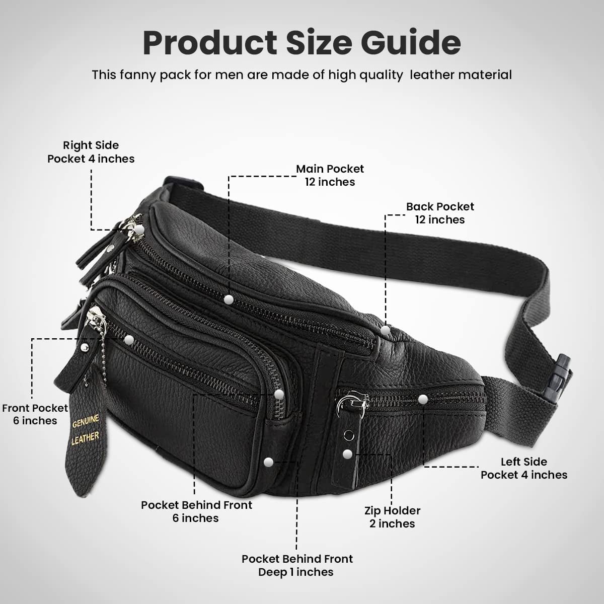 Fanny Pack Waist Bag Multifunction Genuine Leather Hip Bum Bag Travel Pouch for Men and Women- Multiple Pockets & Sturdy Zippers Ideal for Hiking Running And Cycling