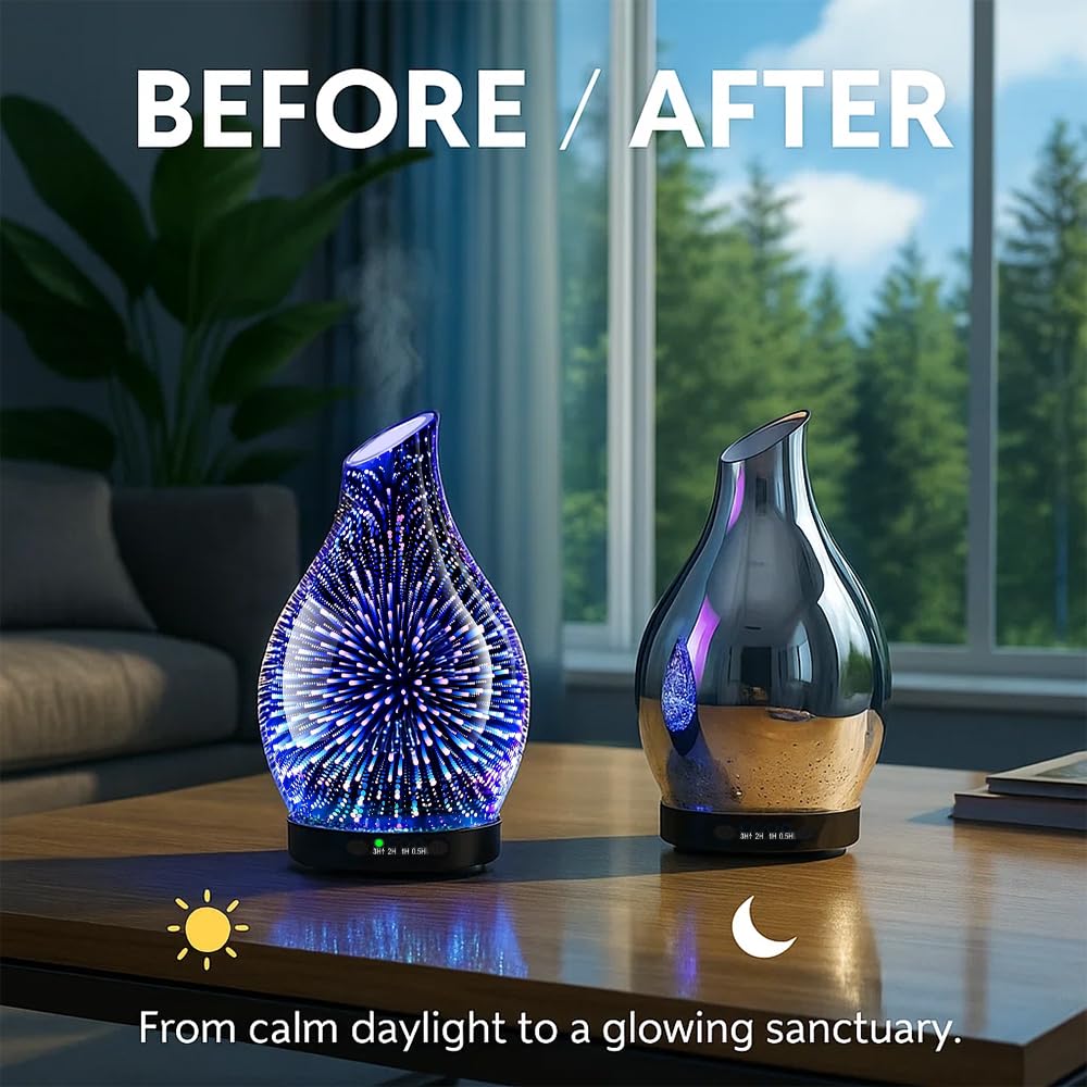 JOYOLO 120ML Essential Oil Diffuser, 3D Glass Aromatherapy Diffuser with Auto Shut-Off and 7 Color LED Lights, Ultrasonic Mist Humidifier with 4 Timer for Home Office Bedroom (3D Fireworks)