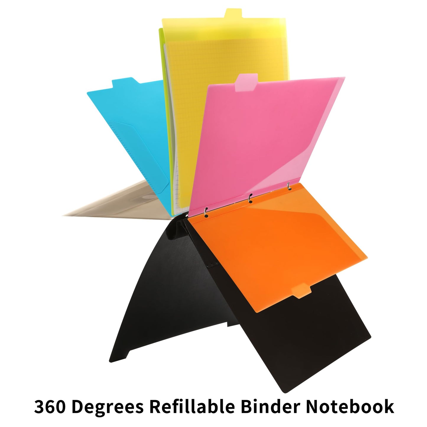 Tashkummy Pivotable Refillable Notebook, 3 Ring Binder Notebooks 1 Inch, Notebook with Dividers and Pockets, Folder Notebook, Flexible Binder, Soft Binders 3 Ring, Foldable Binder- Black